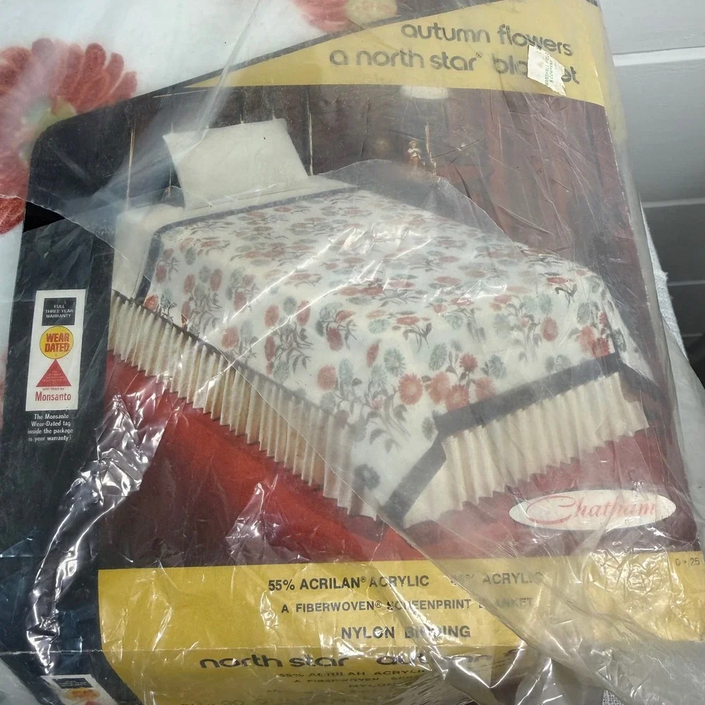 Vintage Chatham North Star Autumn Flowers Blanket Queen King Satin Edge Floral